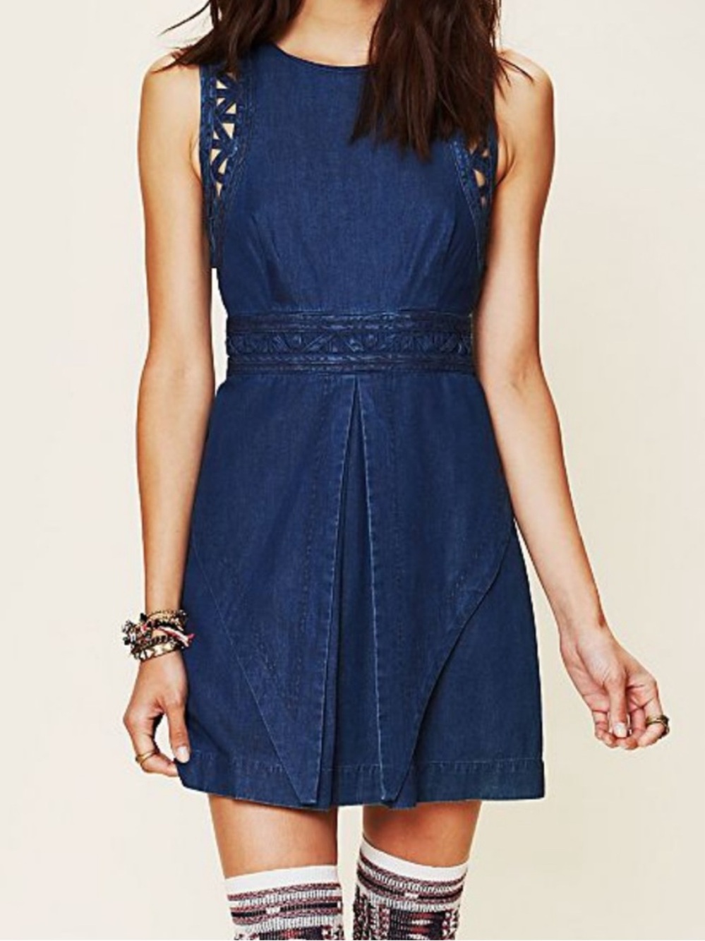 Free People New Romantics Highland Denim Lattice Mini Dress Dark Wash Size 4